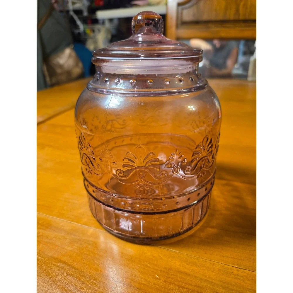 The Pioneer Woman Adeline Purple Glass Canister with Lid 8 inch Embossed Plum